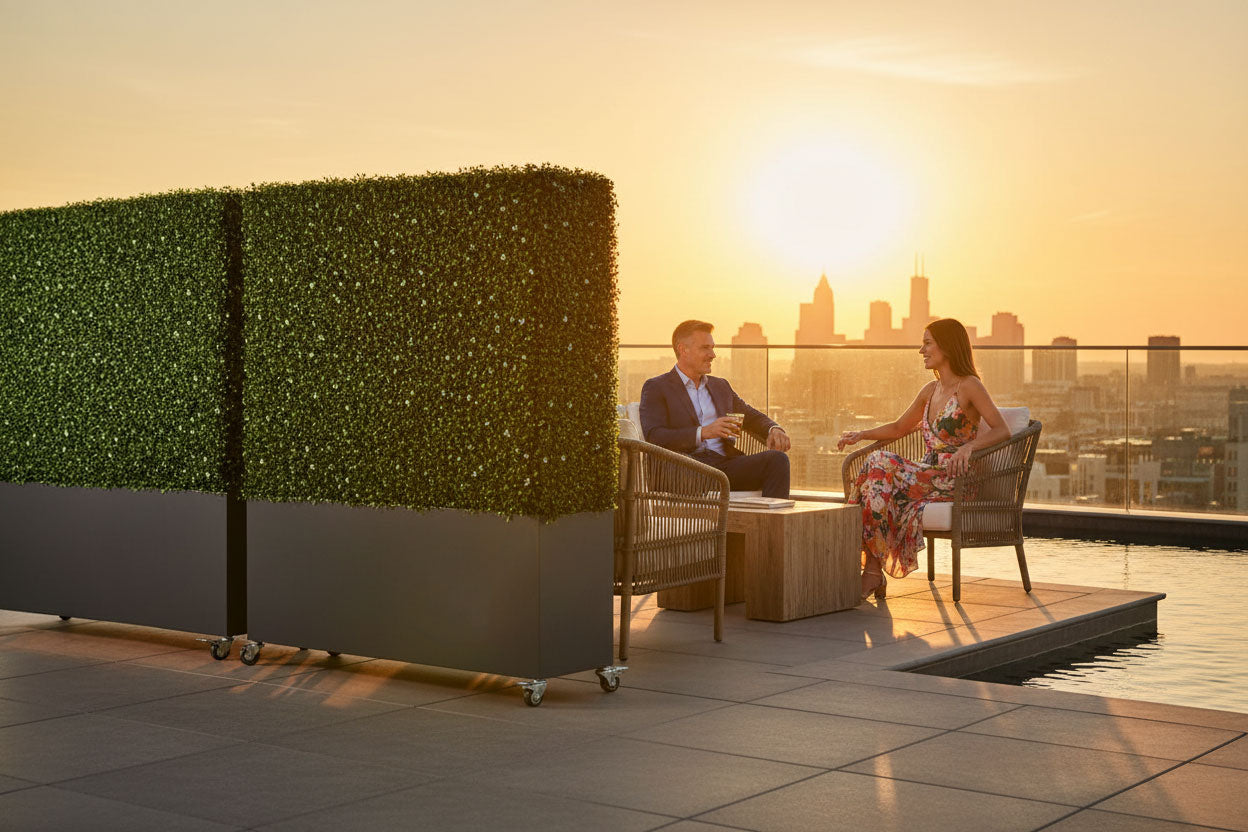 Artificial Boxwood Hedge with Planter Box & Casters - Mobile Privacy Screen