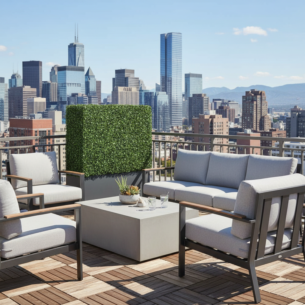 Three artificial boxwood hedge walls with white flowers used as rooftop terrace privacy screen - city skyline view